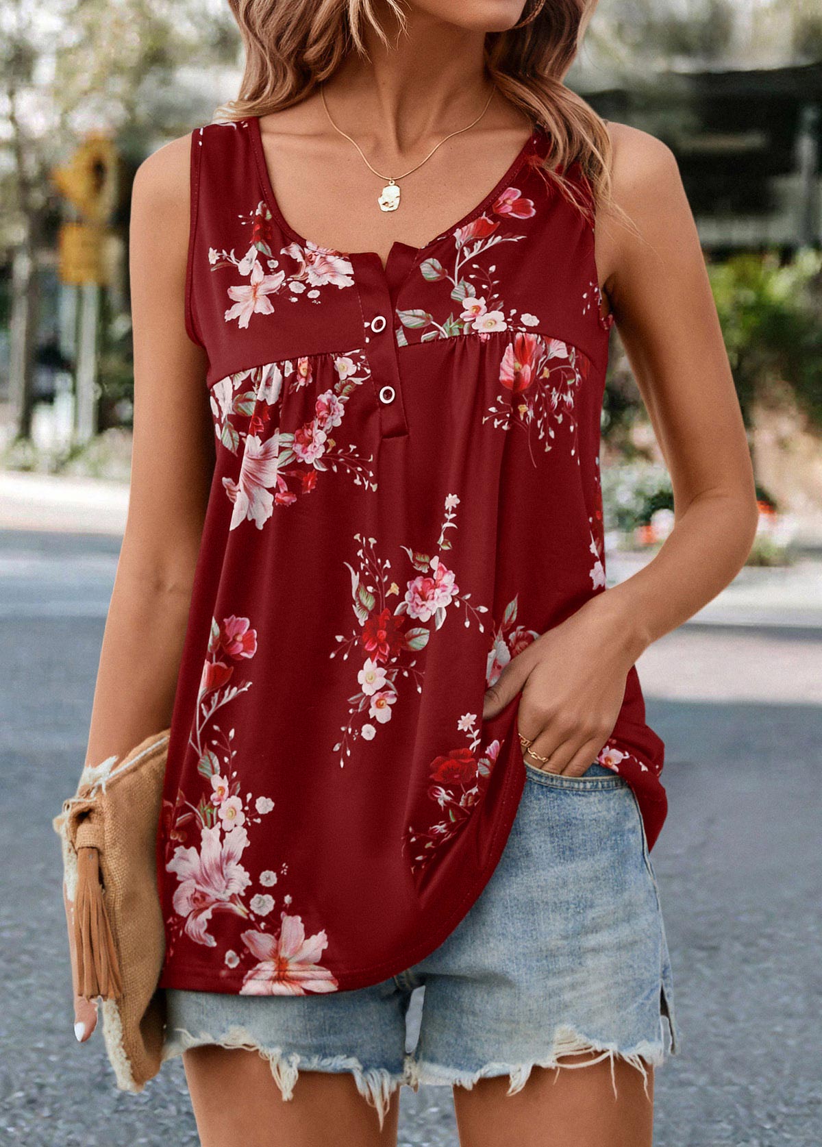 ROTITA Ruched Floral Print Red Scoop Neck Tank Top