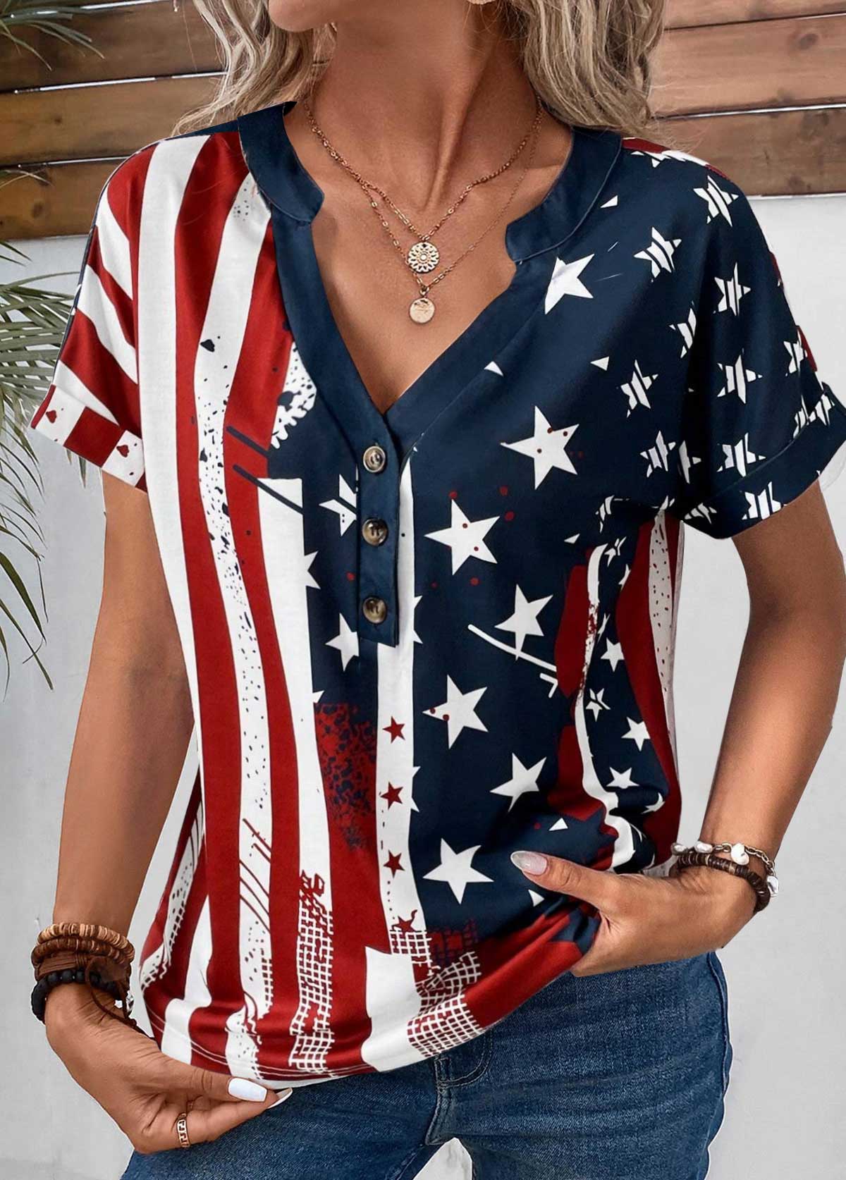 ROTITA Button American Flag Print Multi Color T Shirt