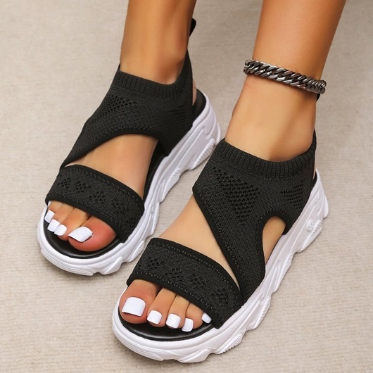 Black Falt Open Toe Elastic Sandals