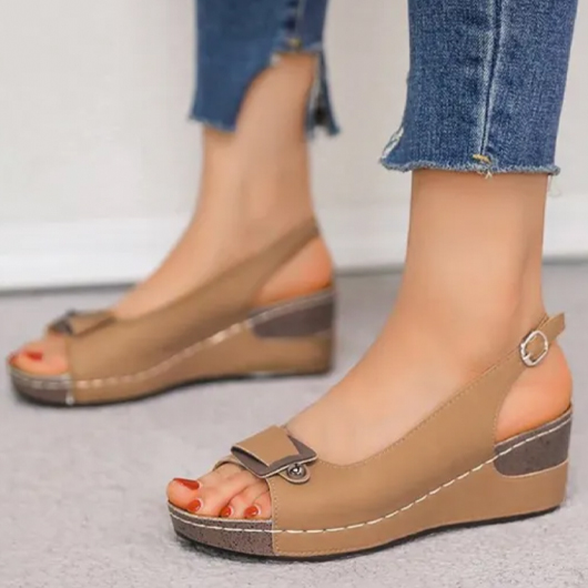 Light Camel Low Heel Peep Toe Wedges