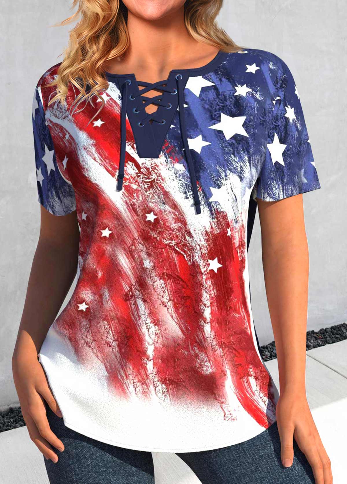 ROTITA Lace Up American Flag Print Multi Color Blouse