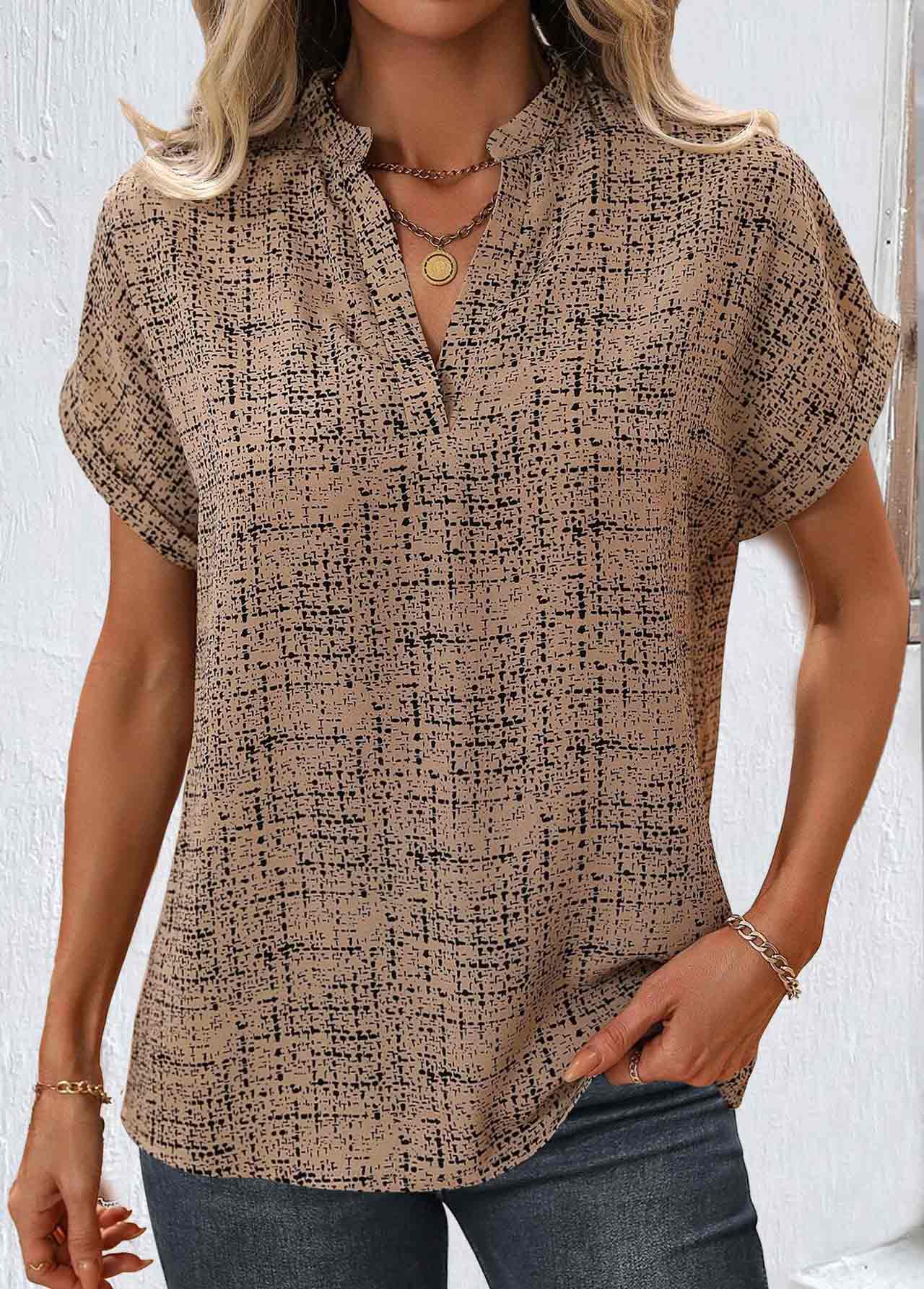 Light Coffee tops,Geometric tops,Striped tops,ROTITA Split Geometric Print Light Coffee Short Sleeve Blouse