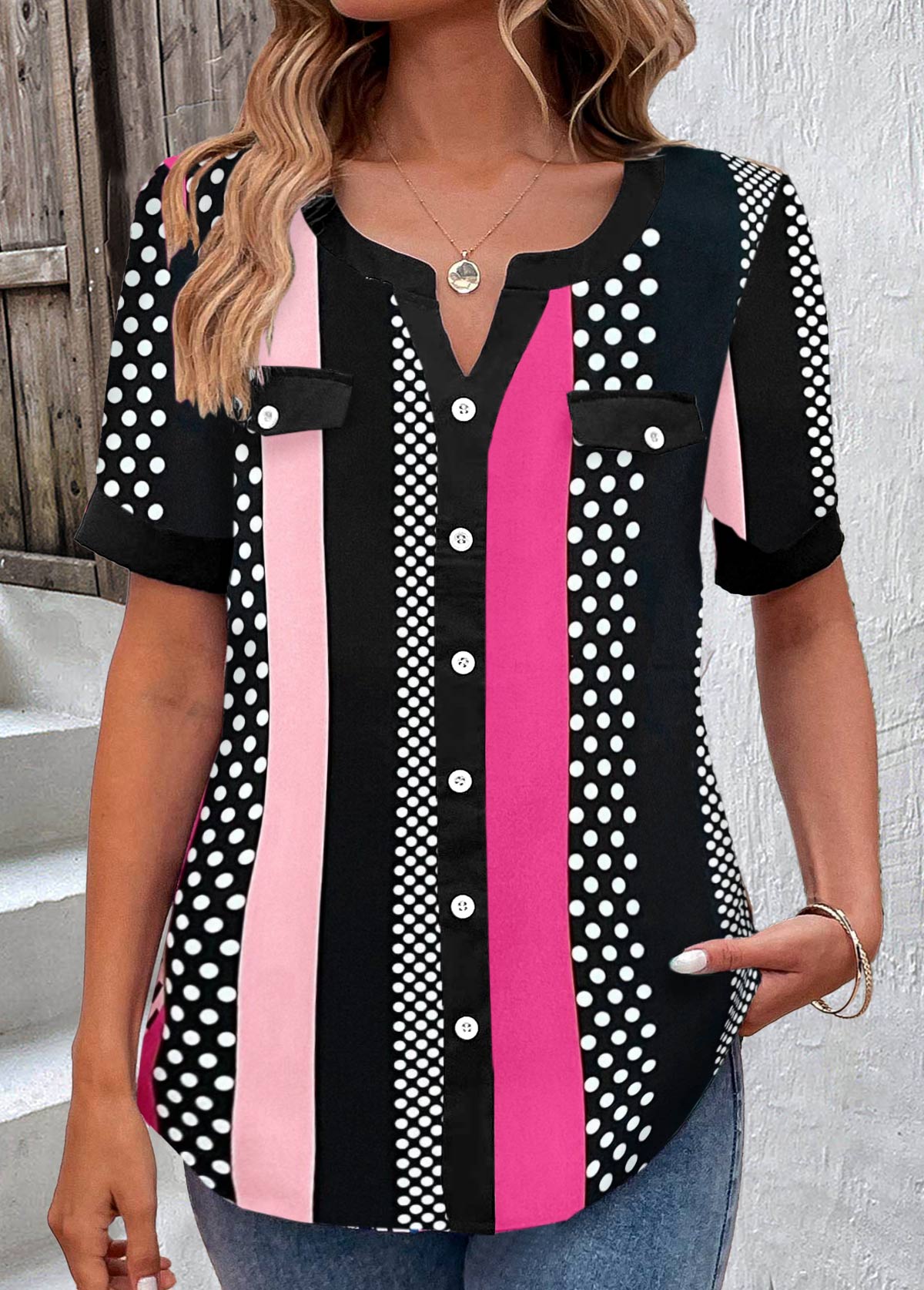 ROTITA Button Striped Hot Pink Split Neck Blouse