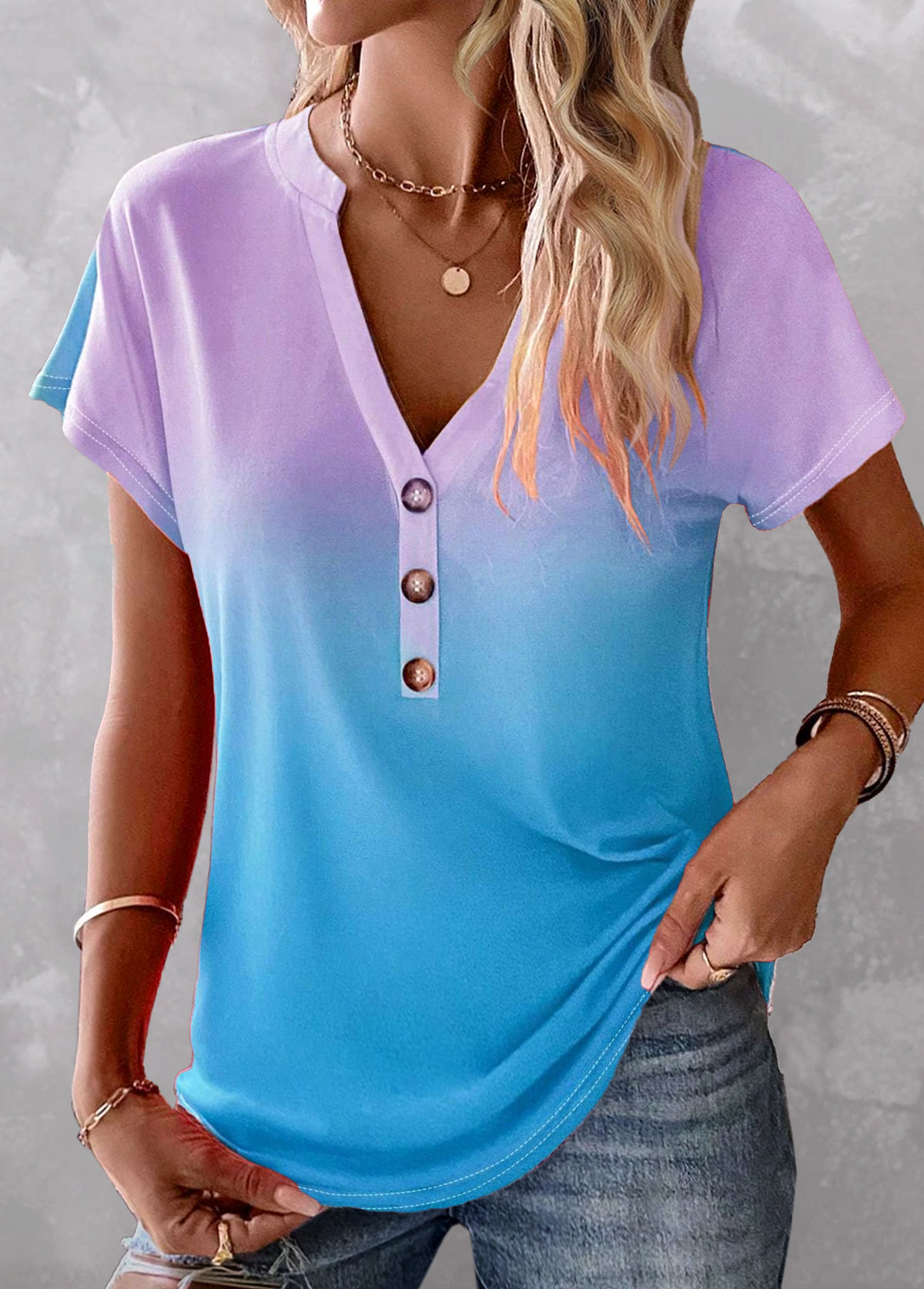 ROTITA Button Ombre Sky Blue Split Neck T Shirt