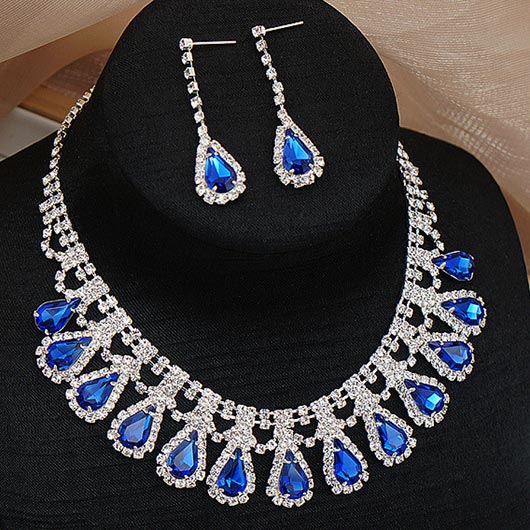 Royal Blue Waterdrop Rhinestone Crystal Earrings and Necklace