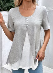 Light Grey Marl tops,White tops,Contrast Color tops,ROTITA Light Grey Marl Round Neck Fake Two Piece Twinset