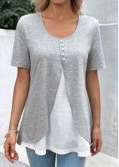 Light Grey Marl tops,White tops,Contrast Color tops,ROTITA Light Grey Marl Round Neck Fake Two Piece Twinset