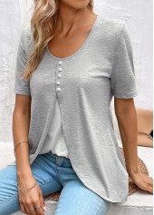 Light Grey Marl tops,White tops,Contrast Color tops,ROTITA Light Grey Marl Round Neck Fake Two Piece Twinset