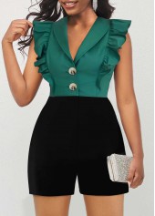 ROTITA Ruffle Green Short Shawl Collar Sleeveless Romper