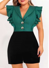 ROTITA Plus Size Ruffle Green Shawl Collar Sleeveless Romper
