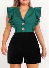 Green plus size,Black plus size,Contrast Color plus size,ROTITA Plus Size Ruffle Green Shawl Collar Sleeveless Romper