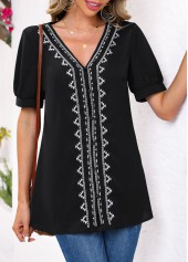 Black tops,Tribal tops,ROTITA Embroidery Tribal Print Black V Neck Long Sleeve Blouse