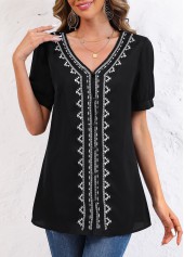 Black tops,Tribal tops,ROTITA Embroidery Tribal Print Black V Neck Long Sleeve Blouse