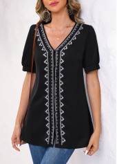 Black tops,Tribal tops,ROTITA Embroidery Tribal Print Black V Neck Long Sleeve Blouse