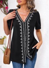Black tops,Tribal tops,ROTITA Embroidery Tribal Print Black V Neck Long Sleeve Blouse