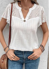 White tops,Plain Color tops,ROTITA Lace White Split Neck Short Sleeve Blouse