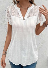 White tops,Plain Color tops,ROTITA Lace White Split Neck Short Sleeve Blouse