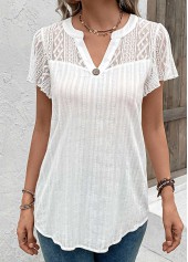 White tops,Plain Color tops,ROTITA Lace White Split Neck Short Sleeve Blouse