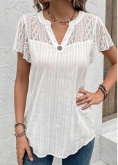 White tops,Plain Color tops,ROTITA Lace White Split Neck Short Sleeve Blouse