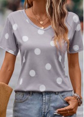 Grey tops,Dot tops,Lightweight Polka Dot Grey V Neck T Shirt