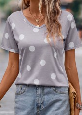 Grey tops,Dot tops,Lightweight Polka Dot Grey V Neck T Shirt