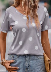 Grey tops,Dot tops,Lightweight Polka Dot Grey V Neck T Shirt