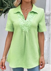 Light Green tops,Plain Color tops,ROTITA Patchwork Light Green Shirt Collar Short Sleeve Blouse