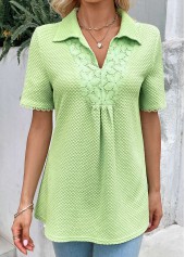 Light Green tops,Plain Color tops,ROTITA Patchwork Light Green Shirt Collar Short Sleeve Blouse