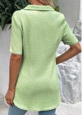 Light Green tops,Plain Color tops,ROTITA Patchwork Light Green Shirt Collar Short Sleeve Blouse