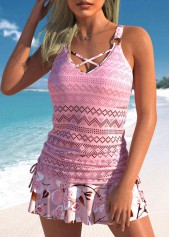 Pink swimwear,Striped swimwear,Geometric swimwear,ROTITA Drawstring Pink Multi Stripe Print Tankini Set