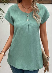 Green tops,Plain Color tops,Button Green Round Neck Short Sleeve T Shirt
