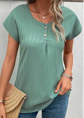 Button Green Round Neck Short Sleeve T Shirt