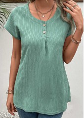 Green tops,Plain Color tops,Button Green Round Neck Short Sleeve T Shirt