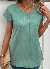 Green tops,Plain Color tops,Button Green Round Neck Short Sleeve T Shirt