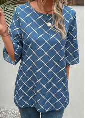 Blue tops,Plaid tops,Striped tops,Geometric tops,Split Plaid Blue Round Neck T Shirt