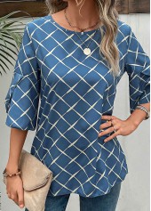 Blue tops,Plaid tops,Striped tops,Geometric tops,Split Plaid Blue Round Neck T Shirt