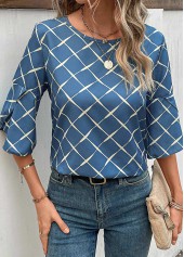 Blue tops,Plaid tops,Striped tops,Geometric tops,Split Plaid Blue Round Neck T Shirt