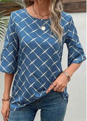 Split Plaid Blue Round Neck T Shirt