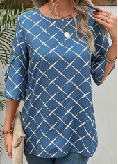 Blue tops,Plaid tops,Striped tops,Geometric tops,Split Plaid Blue Round Neck T Shirt