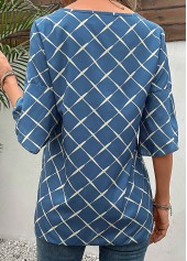 Blue tops,Plaid tops,Striped tops,Geometric tops,Split Plaid Blue Round Neck T Shirt