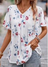 White tops,Floral tops,Plants tops,Floral Print White V Neck Short Sleeve Blouse