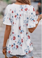 White tops,Floral tops,Plants tops,Floral Print White V Neck Short Sleeve Blouse