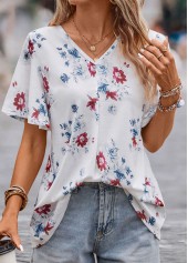 White tops,Floral tops,Plants tops,Floral Print White V Neck Short Sleeve Blouse