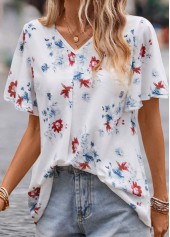 White tops,Floral tops,Plants tops,Floral Print White V Neck Short Sleeve Blouse