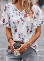 White tops,Floral tops,Plants tops,Floral Print White V Neck Short Sleeve Blouse
