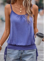 Dark Blue tops,Plain Color tops,Ruched Dark Blue Scoop Neck Strappy Camisole Top