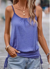 Dark Blue tops,Plain Color tops,Ruched Dark Blue Scoop Neck Strappy Camisole Top