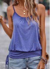 Dark Blue tops,Plain Color tops,Ruched Dark Blue Scoop Neck Strappy Camisole Top