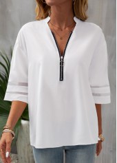 White tops,Plain Color tops,Patchwork Zipper White Stand Collar Blouse