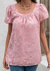 Ruched Pink Square Neck Short Sleeve Blouse